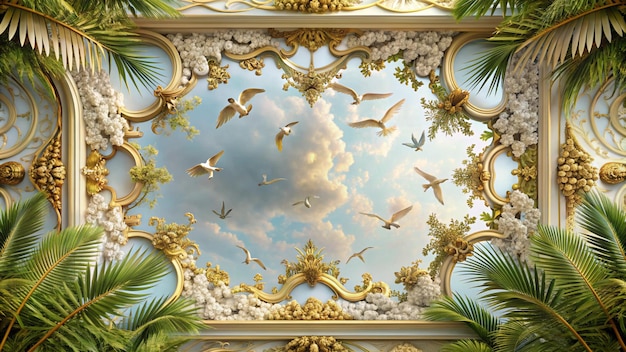 a photo of a palm tree and birds in the sky