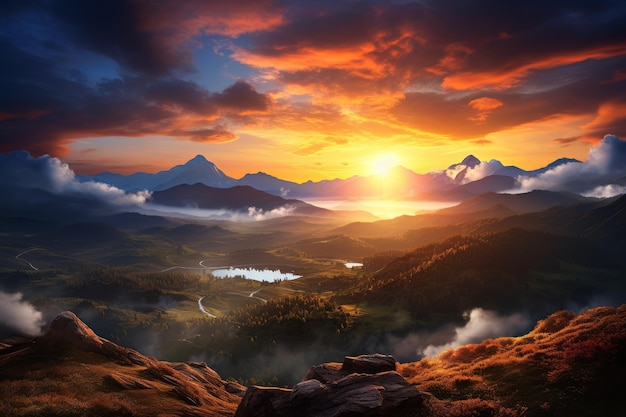 Photo of a panoramic sunset over a tranquil mountain landscape Generative AI