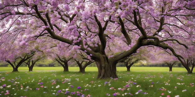 A photo of a park with a large tree with pink flowers.