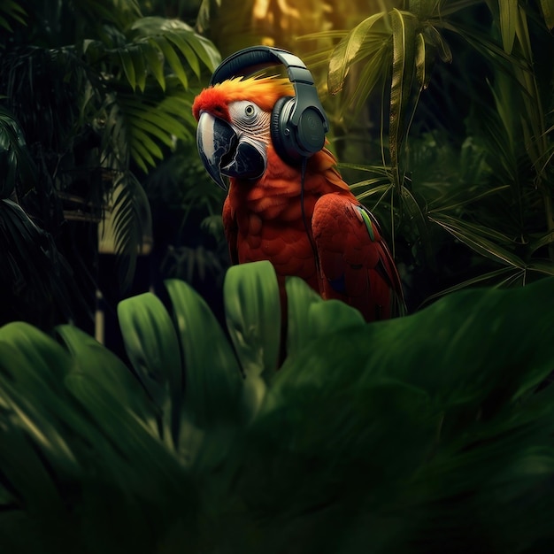 Photo photo of parrot wearing headphone on the branch space photorealistic raw image