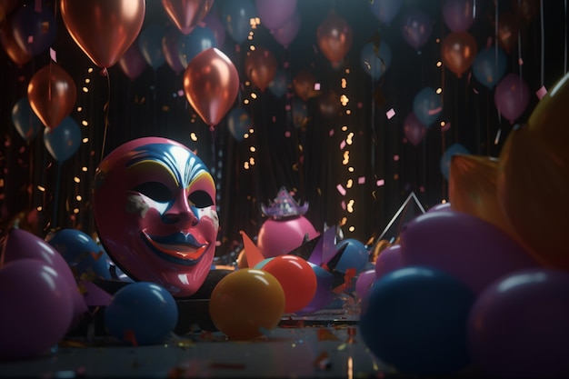 A photo of a party with balloons and masks in the background