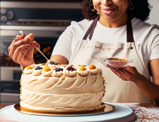 photo of a pastry chef skillfully decorating a beautiful and intricate cake