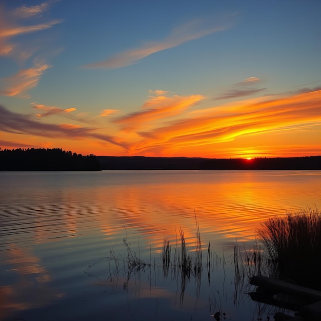 Photo photo peaceful lakeside sunset with vibrant colors reflected in water