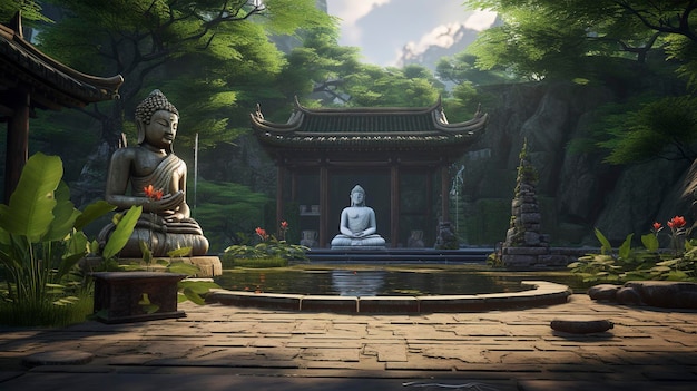 A photo of a peaceful meditation garden with a zen fountain