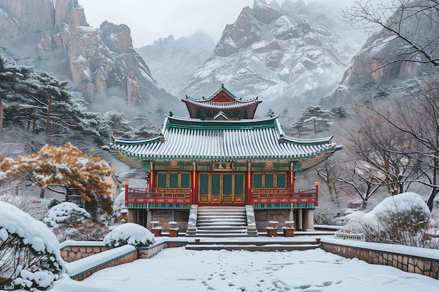 Photo of a peaceful monastery in snowy mountains