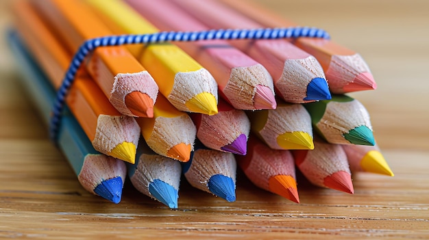 Photo photo of pencils bundled by colorful elastic background