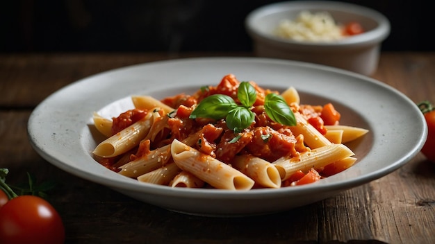 photo penne pasta in tomato sauce with chicken and tomatoes on a wooden table