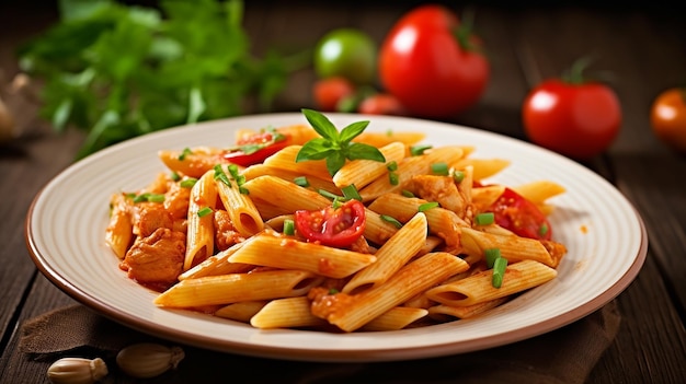 Photo penne pasta with tomato sauce and chicken