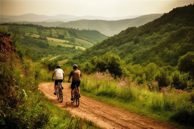 Photo of people taking a bike ride in nature with mountain scenery Generative AI