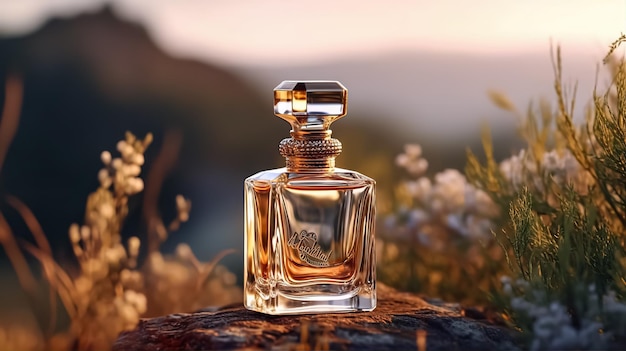 photo of perfume bottle clear glass in warm nature