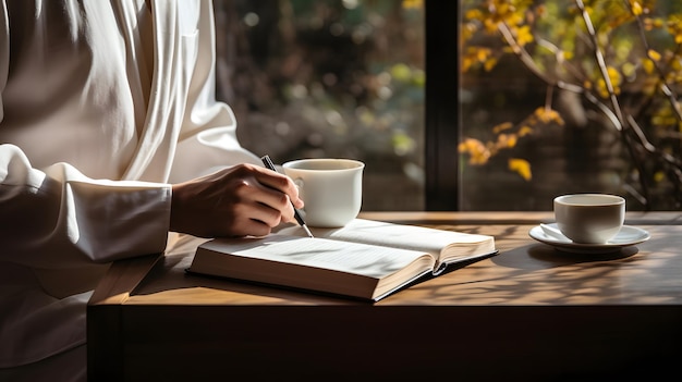 Photo of a person enjoying a quiet moment with a book and a cup of coffee at a cozy table