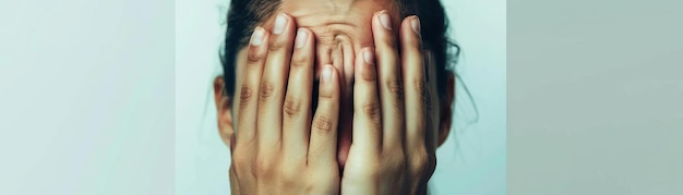 Photo of a person holding their face in their hands with their eyes closed set against a plain white background indicating deep emotional distress