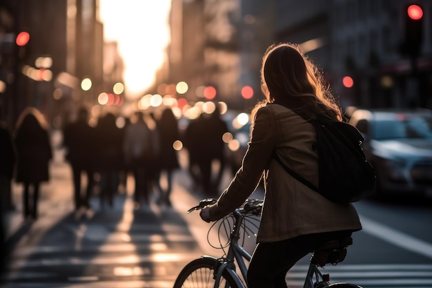 Photo of a person riding a bike in the city crowd under the lights at night in the city