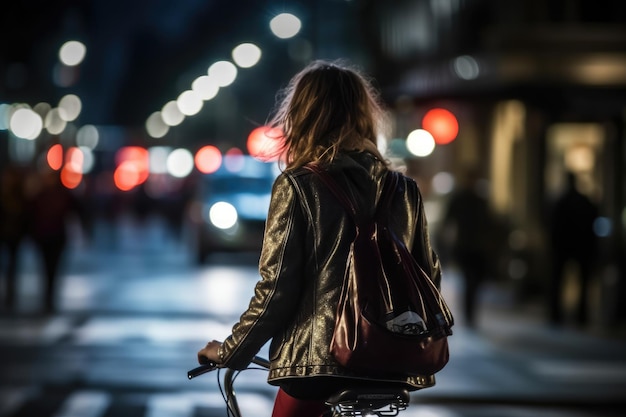 Photo of a person riding a bike in the city crowd under the lights at night in the city