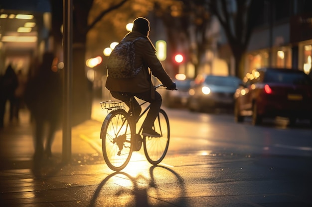 Photo of a person riding a bike in the city crowd under the lights at night in the city