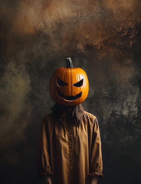 Photo person with evil pumpkin on their face in dark forest for halloween day halloween sale banner