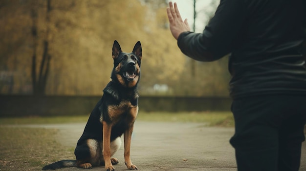 Photo a photo of a pet owner giving verbal commands