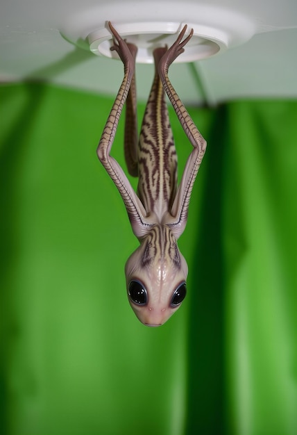 Photo A photo of an alien creature with gray and black stripes on its body hanging upside down from