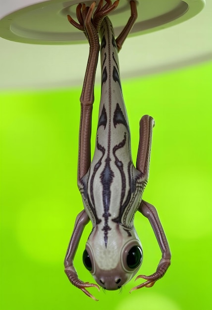 Photo A photo of an alien creature with gray and black stripes on its body hanging upside down from