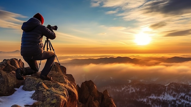 Photo of photographer on mountain hill and shooting evening sunset landscape