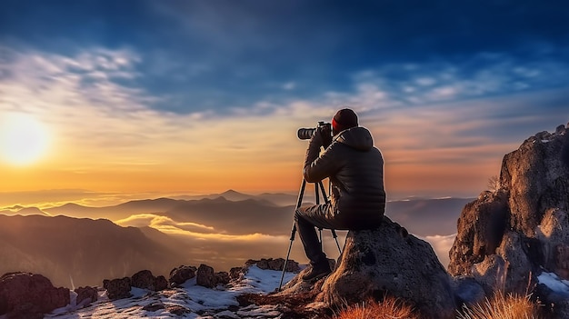 Photo of photographer on mountain hill and shooting evening sunset landscape