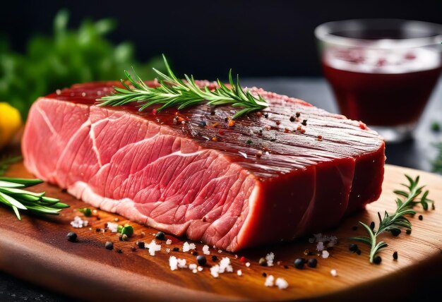 photo of a piece of raw picanha on a meat board decorated with salt and herbs a delicious dish of