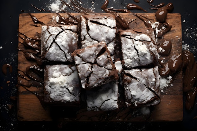 Photo pieces of tasty chocolate Brownies on wooden board isolated on black generative a