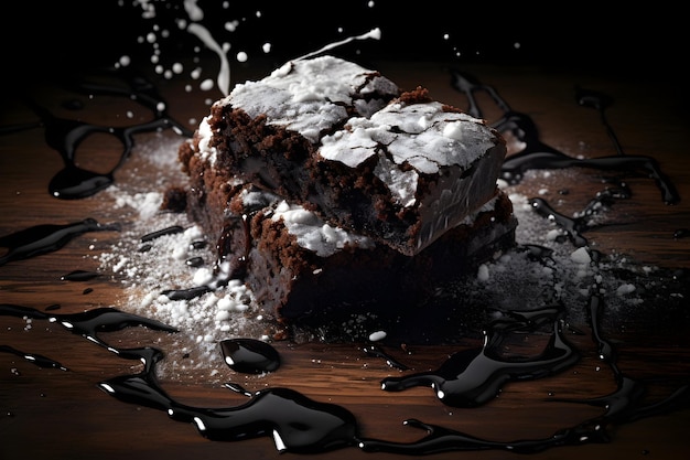 Photo pieces of tasty chocolate Brownies on wooden board isolated on black generative a