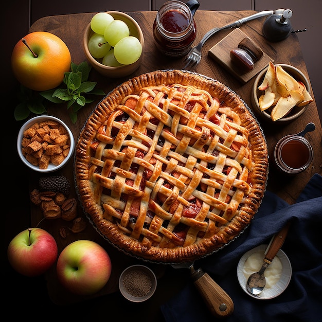 Photo of pies and some cutlery on a wooden table which is photographed from above