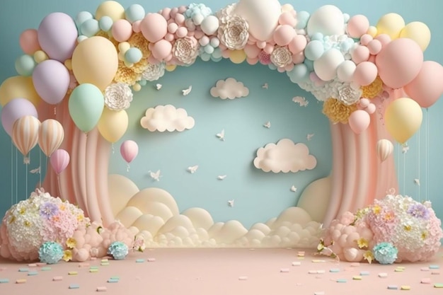 A photo of a pink and blue backdrop with a floral arch and a balloon arch.