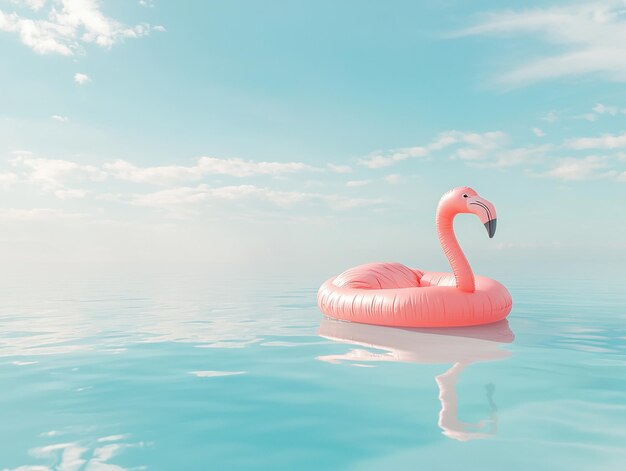 Photo of a pink inflatable flamingo floating in a calm clear blue pool under a bright sky