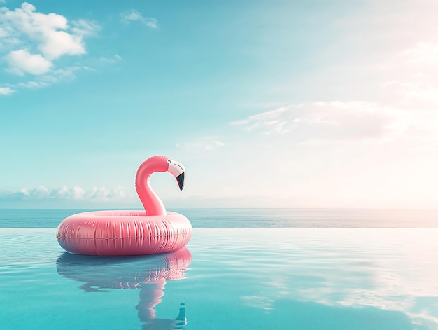 Photo of a pink inflatable flamingo floating in a calm clear blue pool under a bright sky