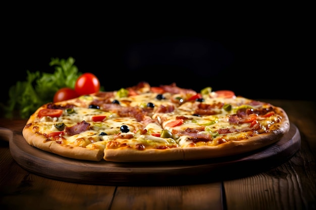 Photo of pizza on a wooden board and table side view black background