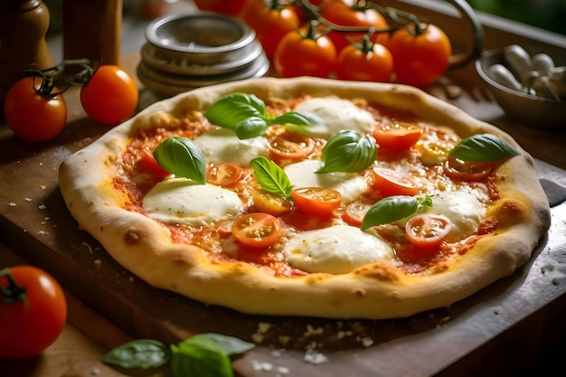 Photo of pizza on a wooden board and table side view