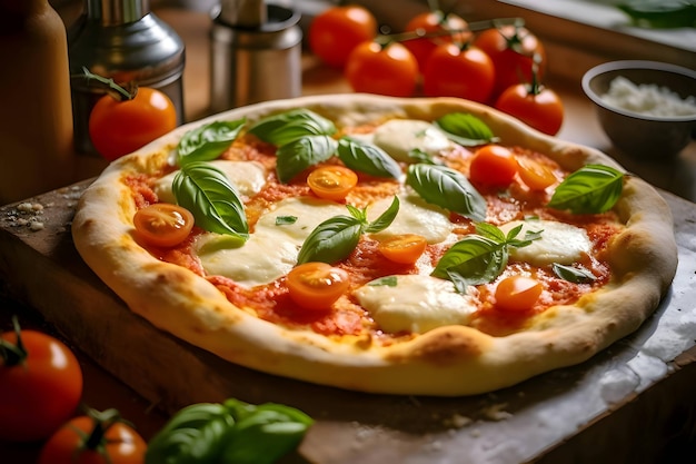 Photo of pizza on a wooden board and table side view