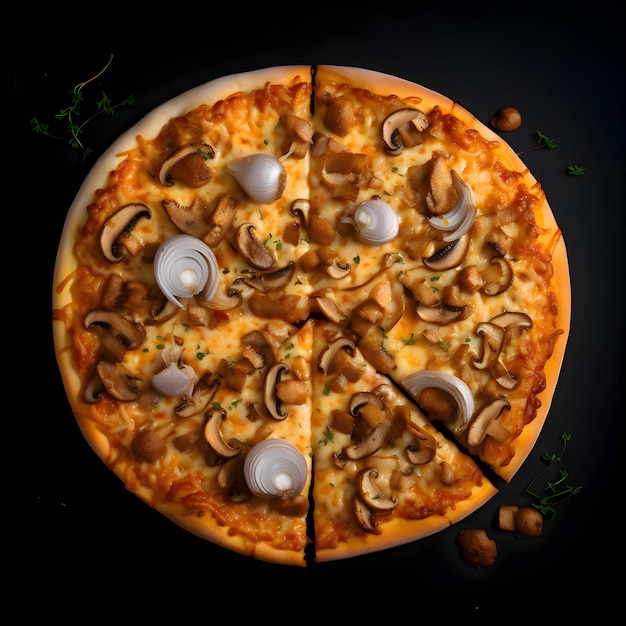 Photo of pizza on wooden board and table top view