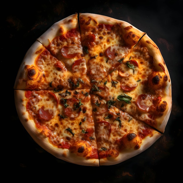 Photo of pizza on wooden board and table top view