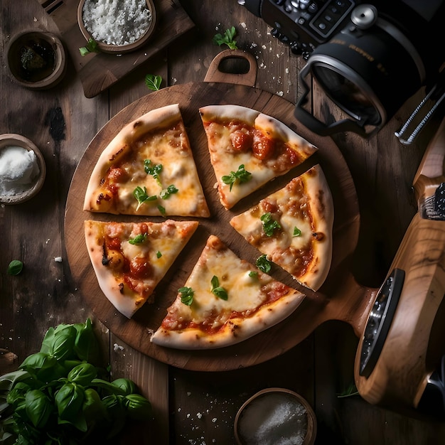 Photo of pizza on wooden board and table top view