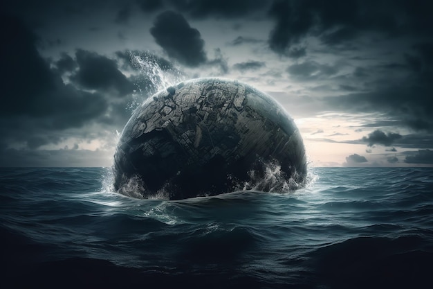 A photo of a planet in the ocean with a storm in the background.