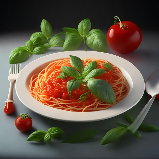 Photo a plate of spaghetti tomato sauce and basil leaves