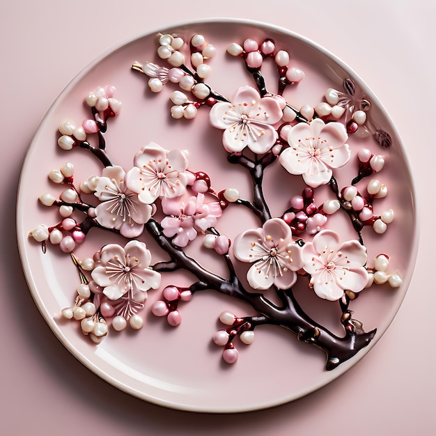 Photo of a plate with elegant cherry blossom designs on a pastel pink background