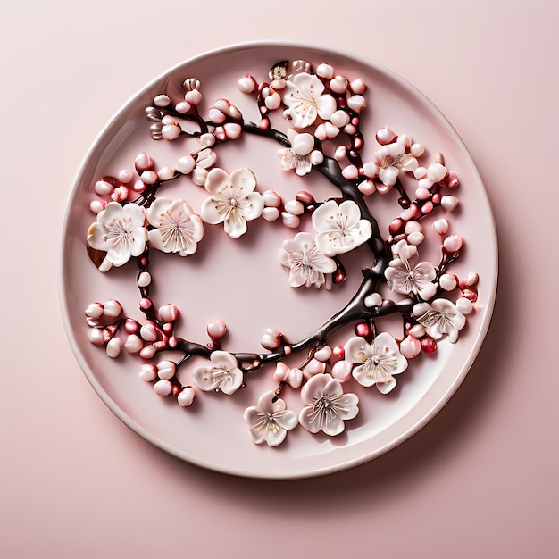 Photo of a plate with elegant cherry blossom designs on a pastel pink background