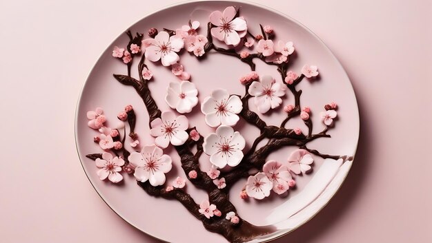 Photo of a plate with elegant cherry blossom designs on a pastel pink background