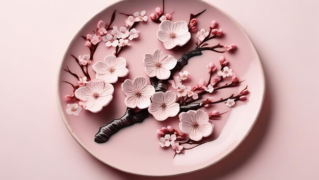 Photo of a plate with elegant cherry blossom designs on a pastel pink background