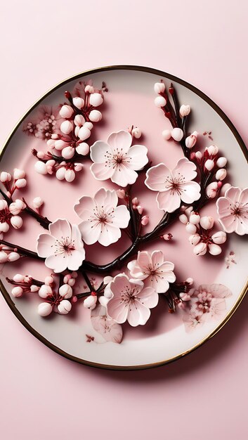 Photo photo of a plate with elegant cherry blossom designs on a pastel pink background