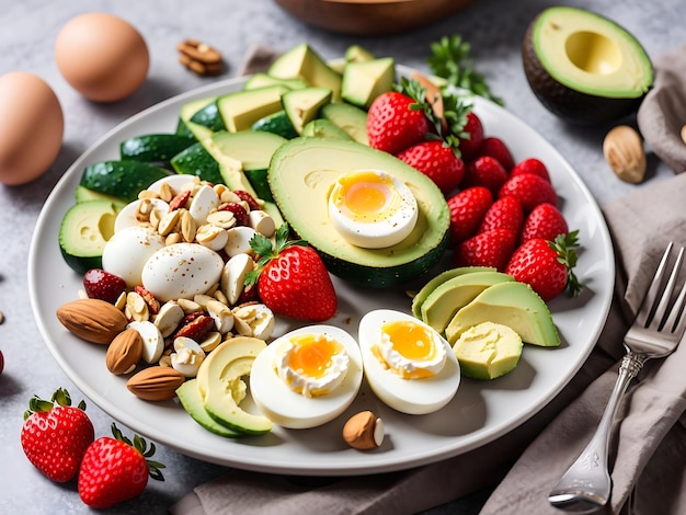 Photo plate with a paleo diet food boiled eggs cherry and strawberries paleo breakfast