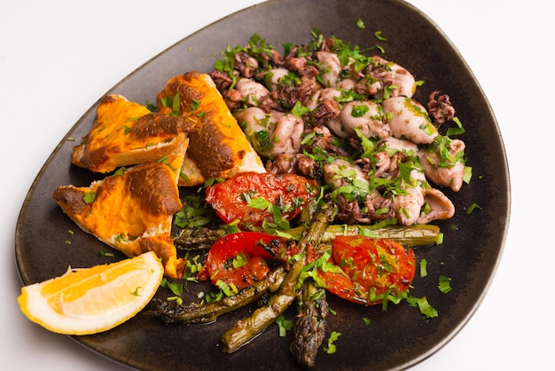 Photo of a plate with some shellfish prepared meat.