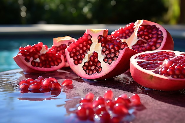 Photo of Pomegranate Halves on a Summer Salad Pomegranate