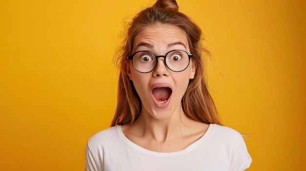 Photo photo portrait of attractive young girl excited face wear trendy white outfit isolated on yellow color background