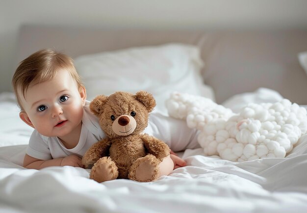 Photo portrait of a baby playing with a wooden toys in playroom kindergarten